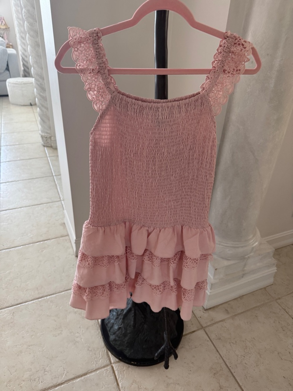 Aqua Soft Pink Smocked Sundress with Lace Ruffle Straps